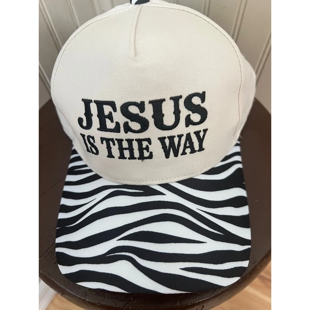 Jesus Is The Way Snapback Hat Zebra Print Brim Cream Christian Trucker Cap NEW